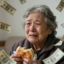 close up portrait old underweight lady is crying because she is so cold, over piles half eaten rotting fast food, money thrown and floats in the air, hyper realistic photo, full colour, upscale, 8 k, masterpiece,