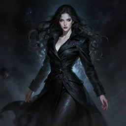 beautiful lady in black coat, cosmic horror style, seductive confident pose, light effect, hyper detailed, intricate, elegant, highly detailed, digital painting, artstation, concept art, sharp focus, by greg rutkowski