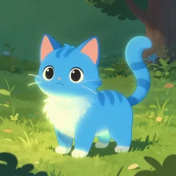 illustration of glowing adorable blue cat, grassy field and tree, detailed concept art, artstation, warrior cats, shading,