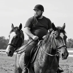 a black and white image of a chubby bearded dad riding on horse back