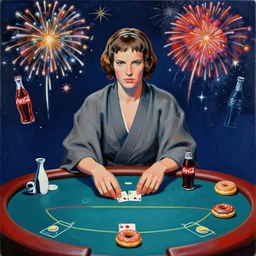 single man in kimono, sitting at an extremely detailed poker table with the detailed princess leia, sake, coca cola, donuts, on the table, fireworks and stars on the background, by andy warhol, by roy liechtestein, canvas, acrylic paint, cool colour palette