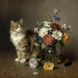 a cat and a fallen vase of flowers, by ivan shishkin,
