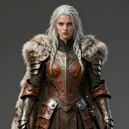 fur leather armor!!! long wild white hair!! covered chest!!! fantasy, d & d, intricate ornate details, symmetry, concept art, sharp focus, illustration, art by artgerm! greg rutkowski magali villeneuve wlop! ilya kuvshinov!!, octane render, unreal engine 5, highly rendered!!