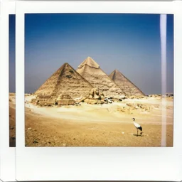 Polaroid picture of cranes building the egyptian pyramids, nostalgic tint