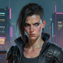 epic portrait of femshep Mass Effect 1 character creator scars 1, Night City, cyberpunk 2077, neon megacity in the background, angry and bored, illustration, soft lighting, soft details, painting oil on canvas by mark arian by artgerm, trending on artstation, 4k, 8k, HD