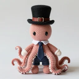 knitted doll of an octopus wearing a tie and a tophat t