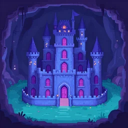 a subterranean magic castle surrounded by a moat, underground cave castle, digital illustration, flat colors, blue and purple color scheme, pixel trickery studios game artwork, a house of many doors in - game art