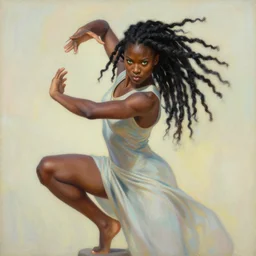 picture of combat dancer, female, black skin, green eyes, dreadlock black hair, bolero, high fantasy, arab inspired, smooth, sharp focus, pastel painting, by artgerm and greg rutkowski and alphonse mucha