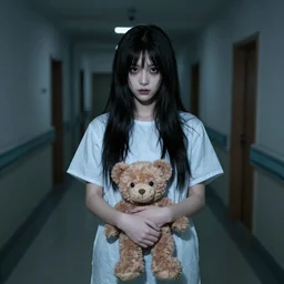 scary pale teenage female with long black hair and hospital gown, holding a teddy bear in a dark hospital hallway