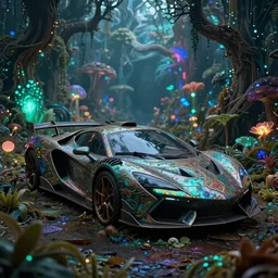 a fancy alien sports car abandoned on magical biome of oddities, hyper realistic, luminescent, enchanted plants, magical trees, cinematic shot, intricate, ornate, photorealistic, ultra detailed, realistic, 1 0 0 mm, photography, octane, high definition, depth of field, bokeh, 8 k, behance, artstation