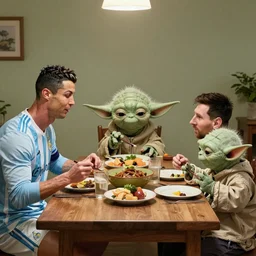 Cristiano Ronaldo, Messi and yoda eat dinner together