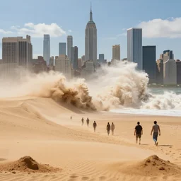 new york city under tons of sand, heavy wave, people walking in the desert, hyperdetailed, artstation, cgsociety, 8 k