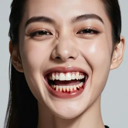 glossy magazine picture advertisement for Maybelline, gorgeous model with terrifying rotten teeth, body horror, celebrity, high quality photograph, blood, tooth decay, halitosis, juxtaposition