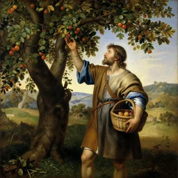 a 1 6 th century oil painting of a medieval peasant picking fruit from a tree, holding a basket. high quality scan