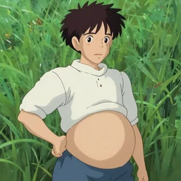 Male anime protagonist with a big pregnant belly, anime in the style of Hayao Miyazaki, concept art