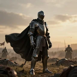 a skeleton knight in black full plate armor with a black cape billowing in the wind standing on the battlefield surrounded by bodies, golden hour, shallow depth of field, moody lighting, 8 k, concept art,
