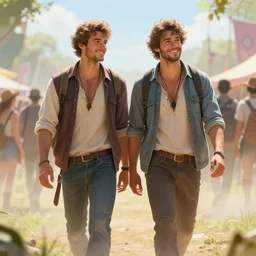 2 handsome masculine men walking together going to a festival | | sunny, dreamlike art, mist, realistic shaded, smile, good looking, fine details, 4 k realistic, cryengine, realistic shaded lighting poster by greg rutkowski, magali villeneuve, artgerm, jeremy lipkin and michael garmash and rob rey