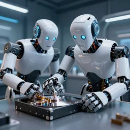 cinematic wide - angle shot of a robot eating a hard drive,