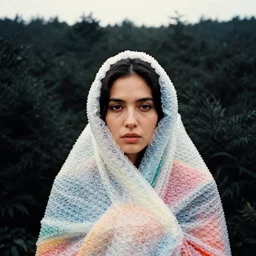 a closeup portrait of a woman wrapped in colorful bubble wrap, standing in front of a vast black forest, color photograph, by vincent desiderio, canon eos c 3 0 0, ƒ 1. 8, 3 5 mm, 8 k, medium - format print