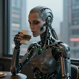a terminator cyborg lady with borg implants and a human face is drinking coffee near a window with dystopian city visible outside. tiny green led lights in her cybernetics. very detailed 8 k. horror cyberpunk style.