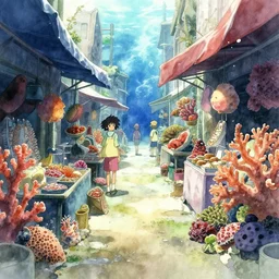 incredible anime movie scene, watercolor, underwater market, narrow path, coral, harsh bloom lighting, rim light, abandoned city, paper texture, movie scene, caustics shadows, deserted shinjuku junk town, old pawn shop, bright sun ground, pipes, yellow dragon head festival, robot monster in background