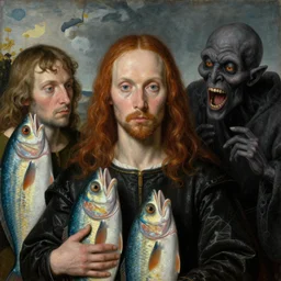 The portrait of fish men and Grim Reaper who laughs and follow them, by Hieronymus Bosch and Pieter Bruegel inspired by Terry Pratchett, super detailed oil painting, hyper realistic faces, 4k, masterpiece