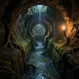 inside the ancient flooded sewers in the old part of the city. fantasy art, adventure, dripping water, standing water, channel, running water, stream, channel, roots, musty, moss, sewage, dark, underground, abandoned spaces, torch - lit. by peter jones and alan lee