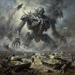 oil painting of 3 0 0 0 battle - panorama mechanized aqua discarded machine fimbria autolysis nightmare machine, by alberto bontempi, shigeru komatsuzaki, wayne d barlowe, alex ross, enric torres, & boris vallejo, hyper realism, cinematical, narrative light, muted colors, epic, hyper detailed, awe inspiring, award winning horror