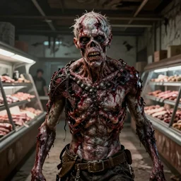 butcher angry rotting zombie, detailled beautiful portrait, dilapidated butchery interior, feeling of grimdark horror, daytime, high contrast, ultra intricate detailed, octane render, unreal engine