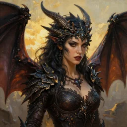 Menacing yet gracious, aesthetically pleasing female Dragonborn portrait, atmospheric lighting, painted, intricate, volumetric lighting, beautiful, rich deep colors masterpiece, golden hour, sharp focus, ultra detailed, by Leesha Hannigan, Ross Tran, Thierry Doizon, Kai Carpenter, Ignacio Fernández Ríos