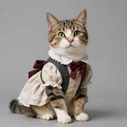 cat, an actual cat that is just a regular cat, but wearing a tiny victorian era dress, tailored for a cat, digital art, highly detailed, concept art, character design, artstation,