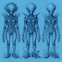 blue paper, full page schematic of mid - century 1 9 0 0 s detailed concept art of weird alien species concept art, baroque style illustration, precise lineart symmetry