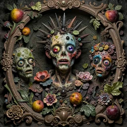 zombie, punk rock, young male, grotesque, grotto, multicolored faces, fruit and flowers, gemstones for eyes, botanical, vanitas, sculptural, cartoon style, baroque, rococo, intricate detail, spiral, ornamental, kaleidoscopic, soft, atmospheric