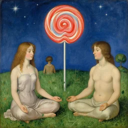 two woman and two men meditating in the grass. cosmic lollipop. painting by lucas cranach, moebius