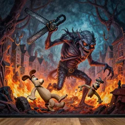 a town mural showing an eldritch mutant abomination with chainsaws and meat hooks dragging the innocent kicking and screaming to the burning depths of hell featured on wallace and gromit by thomas kinkade and lisafrank