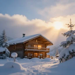 snowed in ski lodge soft light golden hour heavenly glow star lightrays thru clouds low angle tilt shift macro lens by murakami and junji ito