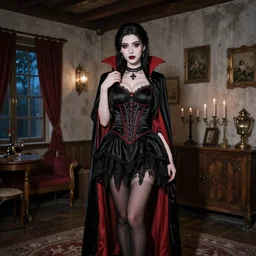 krystal marie ball posing as a vampire in gothic clothing in a rustic apartment during night