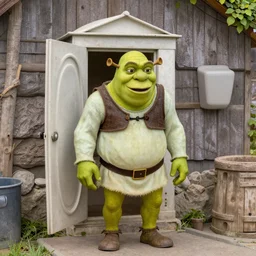 Shrek go out from outdoor toilet