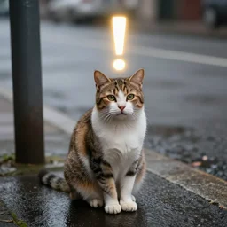 Cat sitting on wet street corner with, glowing exclamation mark over its head, glowing exclamation mark over its head, high detail, 4k