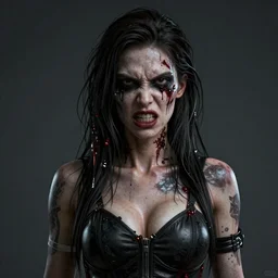 angry zombie sexy supermodel portrait, horror core, apocalyptic, feeling of grimdark, sharp focus, fiction, hyper detailed, digital art, trending in artstation, cinematic lighting, studio quality, smooth render, unreal engine 5 rendered, octane rendered, art style and nixeu and wlop and krenz cushart