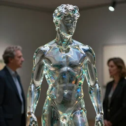 a statue of a young fit man made of transparent glass, svarovsky, by philippe starck and victoria hagan, cinematic lighting, soft light, iridescent reflections, detailed digital photography by rutkovski and beksinski, masterpiece, gorgeous, 4 k