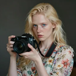 pale young woman with bright blonde hair, freckles, blue eyes and a wide face, flowery dress, using a dslr camera, dramatic, surreal art by anna nikonova