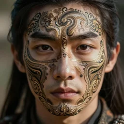 close up portrait of a warrior with a carpet painted face, depth of field, intricate, delicate, by Jonas Jensen
