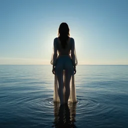 a woman, standing in shallow endless water, backlit, wearing amazing clothes, backlit, photo by Marat Safin, Canon EOS R3, f/1.4, ISO 200, 1/160s, 8K, RAW, unedited, symmetrical balance, in-frame