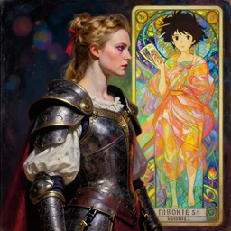 side portrait, baroque oil painting, imogen poots, paladin, gloomhaven, octane render, neon colors, unreal engine, anime, tarot, art nouveau, illustration concept art, bokeh, by victo ngai, fanbox, greg rutkowski, makoto shinkai, mucha, studio ghibli