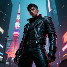 punk leather samurai. dramatic low angle. tokyo can be seen in the distance. art in the style of vincent di fate's cyberpunk 2 0 2 0.