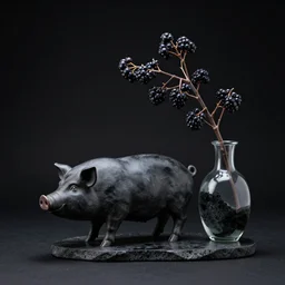 sculpture of a pig and blackberries, ikebana vase, photorealistic, centred, black background, obsidian and glass and pumice, zen, trending on artstation