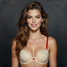 epic painting drawing, full portrait of a beautiful supermodel ( ( smiling lovingly ) ), long brown ( wavy ) hair in ivory and red and ivory bras, photography by amy leibowitz, wlop, jeremy lipkin, beeple, intricate, symmetrical front portrait, artgerm, dark smoky background