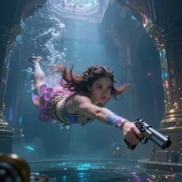 LARA CROFT with pistol swimming in chromatic SPIRITS in misty mysterious astral temple, beautiful, dmt, trending on artstation, omnious, soft, REALISTIC