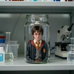 a laboratory, jar on a shelf, inside the jar is harry potter